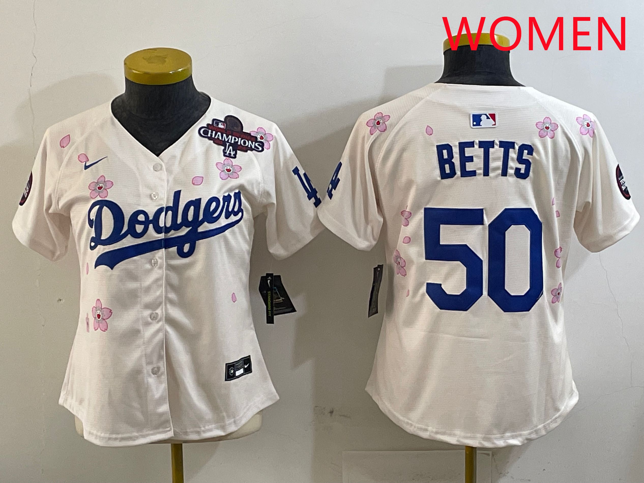 Women Los Angeles Dodgers #50 Betts Cream Sakura Edition 2025 Nike MLB Jersey style 2->women mlb jersey->Women Jersey